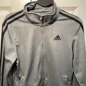 Adidas full zip jacket/sweatshirt, gray w/ black stripes, 2 pockets- Kids Large